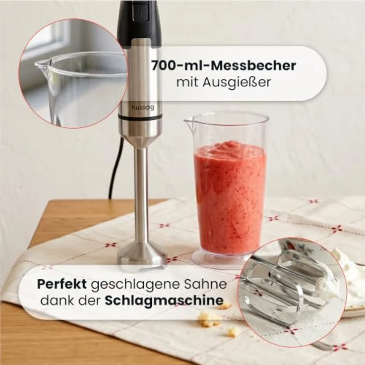 Huslog Stabmixer 3-in-1, 1500 W mit Zerkleinerer, Schneebesen und 20 Geschwindigkeitsstufen, HUS1048 – Bild 4