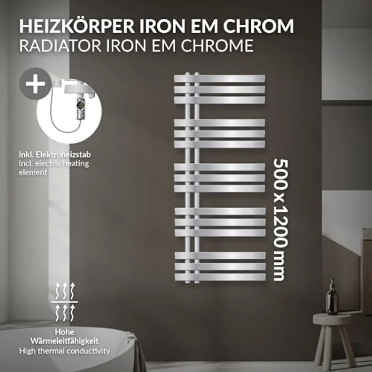 LuxeBath Elektrischer Badheizkörper Iron EM 500x1200 mm Chrom, 1200W Heizstab mit Digitalthermostat, Handtuchwärmer und Designheizkörper – Bild 3