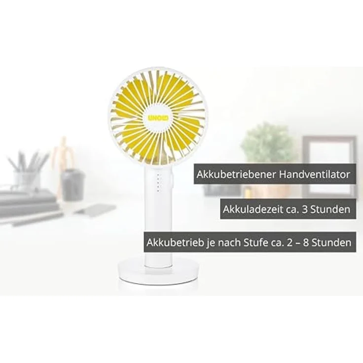 Unold Akku-Handventilator Breezy II, tragbarer Handventilator mit 5 Geschwindigkeitsstufen und integriertem Spiegel, creme – Bild 5