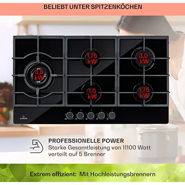 Klarstein Ignito Chef Gaskochfeld, Einbaugerät, Drehregler, Breite 90 cm, 5 Zonen, schwarz - Preisvergleich – Bild 3