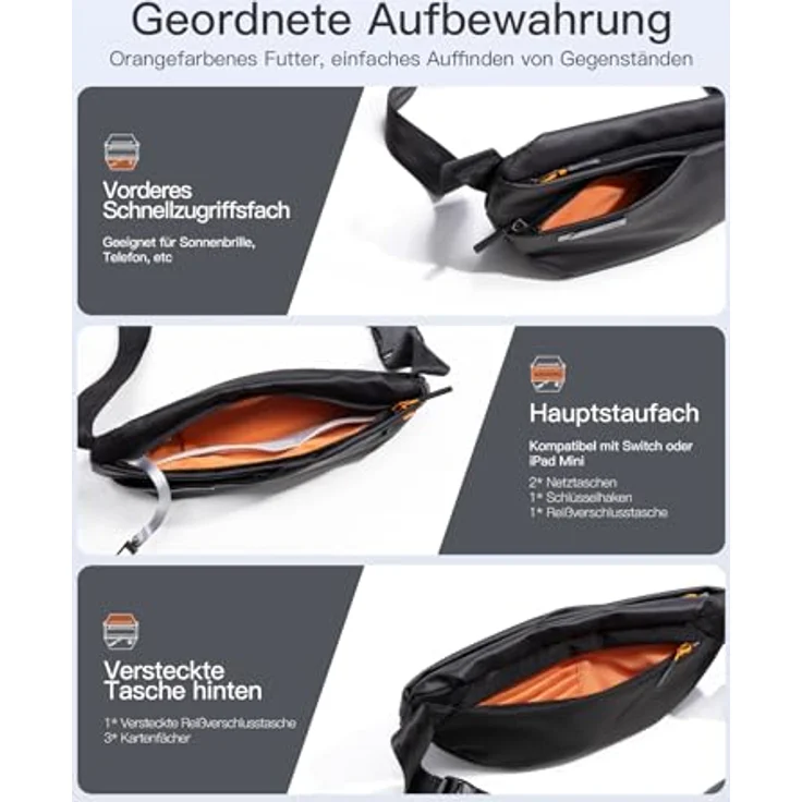 Inateck Gürteltasche 3,8 L, Leichte Crossbody Umhängetasche in Schwarz mit Wasserabweisendem Material und Verstellbarem Schultergurt – Bild 4
