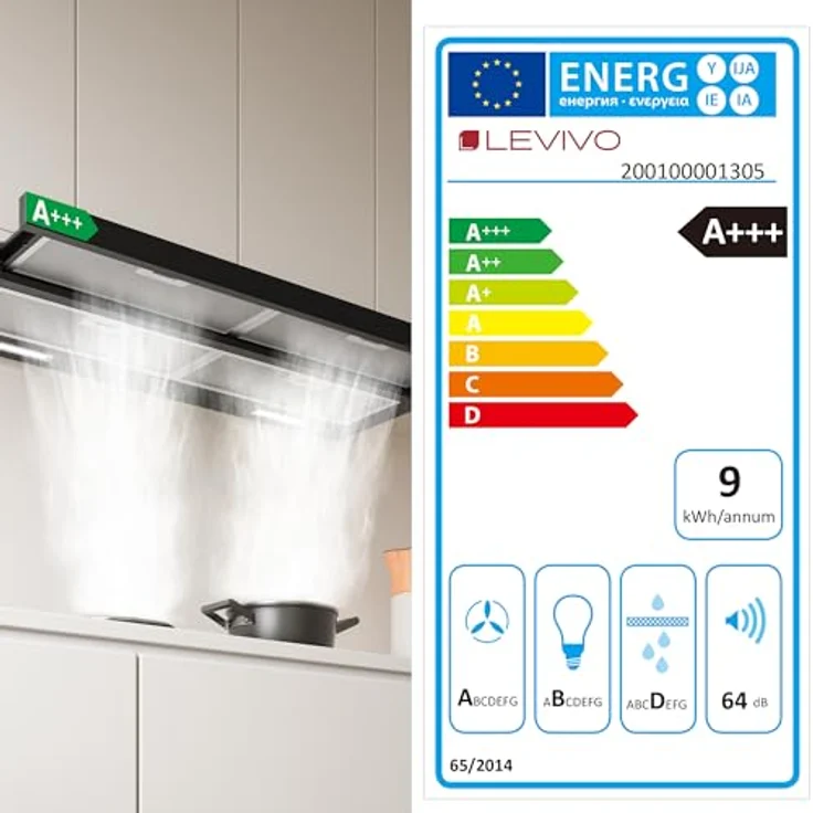 LEVIVO A+++ Flachschirmhaube 90 cm, Einbau Dunstabzugshaube mit 400 m³/h, Umluft & Abluft, 2 Aktivkohlefilter, 4 Fettfilter, 2 Stufen, 2 LEDs, Edelstahl – Bild 6