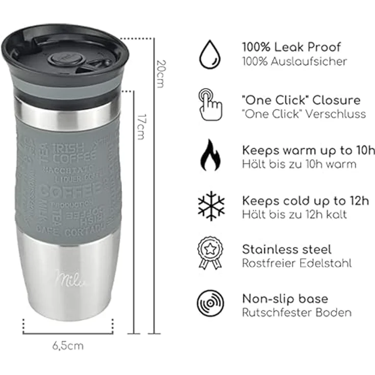 Milu Thermobecher 370ml Isolierbecher Kaffeebecher to go - 100% Auslaufsicher - Trinkbecher aus Edelstahl - Autobecher doppelwand Isolierung - Thermo Becher - Travel Mug (Grau, 370ml) – Bild 2