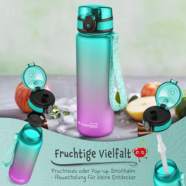 My Vesperbox Trinkflasche Minny, 500ml, auslaufsicher, kohlensäuregeeignet, mit Strohhalm und Fruchtsieb, perfekt für Kinder – Bild 4