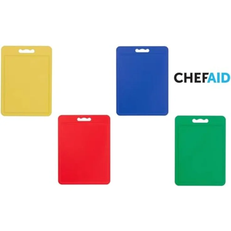 Chef Aid Schneidebretter-Set, 4 Stück, farbcodierte rutschfeste Kunststoffbretter mit Griff, lebensmittelecht und spülmaschinengeeignet, 35 × 25 cm – Bild 3