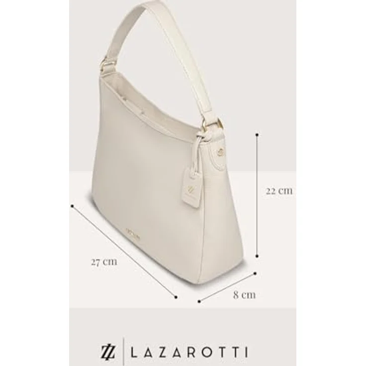 Lazarotti Bologna Leather, Handtasche Schultertasche aus Leder, 27 cm, Beige mit abnehmbarem Umhängeriemen und Reißverschlussfach – Bild 3