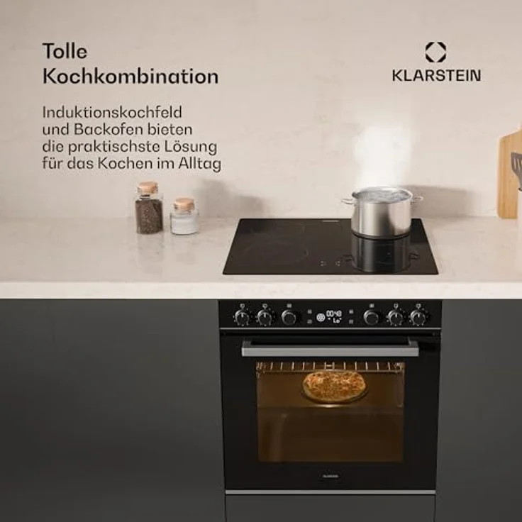 Klarstein ControlSync Backofen Mit Induktionskochfeld - 72L Einbaubackofen, 9 Kochfunktionen, Digitaler Timer, Kindersicherung, Kochfeld 4 Zonen Mit Booster, Schwarzes Glas, Energieklasse A – Bild 2