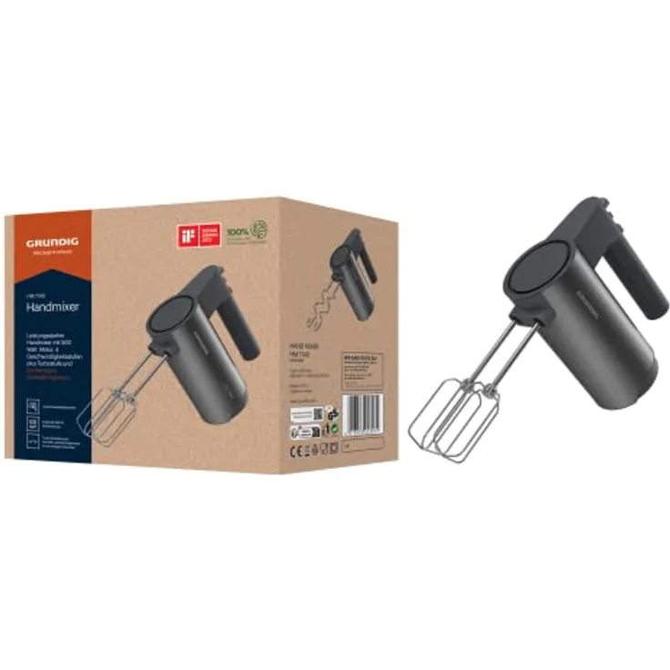 Grundig Delisia Novus™ HM 7140 Handmixer, 500 W Leistung, 4 Geschwindigkeitsstufen + Turbostufe, Hochwertige Edelstahl-Aufsätze, Soft Start: Antispritz-Funktion, Dark Inox/Schwarz
