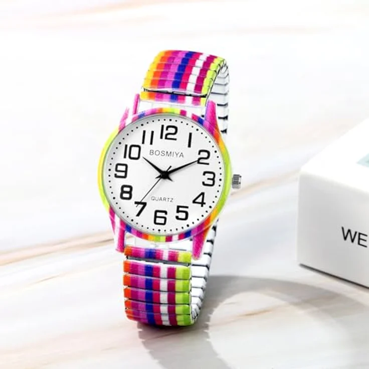 JewelryWe Regenbogen Damenuhr, Boho Armbanduhr mit elastischem Edelstahlband, große arabische Ziffern, 10M wasserdicht, LGBTQ Pride Design – Bild 4