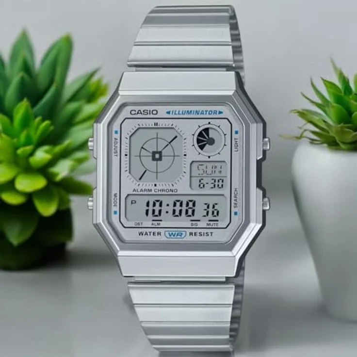 Casio Digitaluhr Edgy Collection A130WE-7AEF, Edelstahlarmband, digitale Anzeige, Alarm, Stoppuhr, Kalender, silberfarben – Bild 3