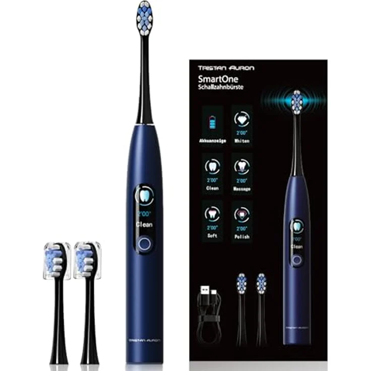 Tristan Auron Smart One Elektrische Schallzahnbürste – 48.000 Schwingungen, 5 Modi, Farbdisplay, USB-C, 6-8 Wochen Akku, IPX7 wasserdicht + 2 Aufsätze mit Schutzhülle SmartOne (Blau) – Bild 1