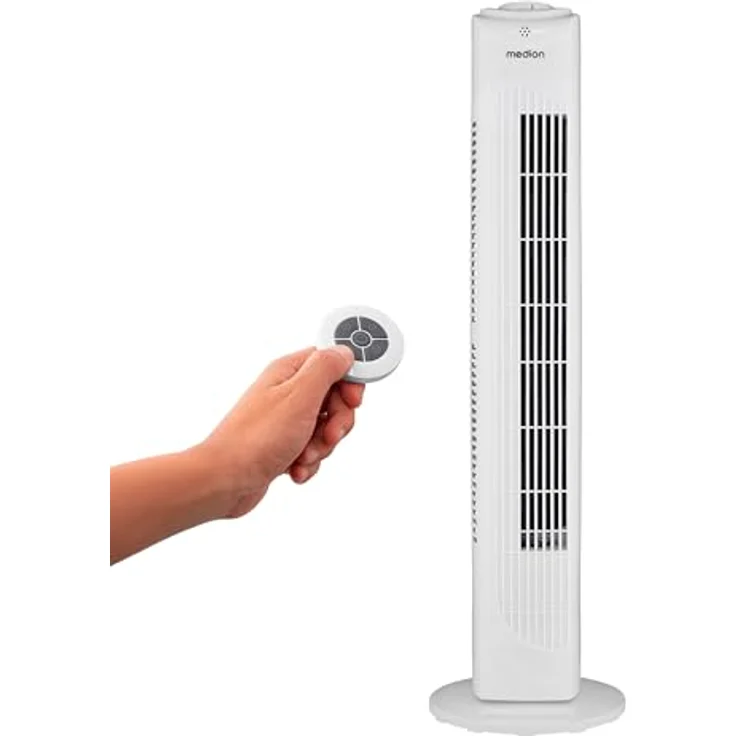 MEDION E11 TF Turmventilator MD12067, mit Fernbedienung, 3 Geschwindigkeitsstufen, leiser Schlafmodus, 45 Watt Leistung, 60° horizontale Oszillation, Timer, weiß – Bild 1