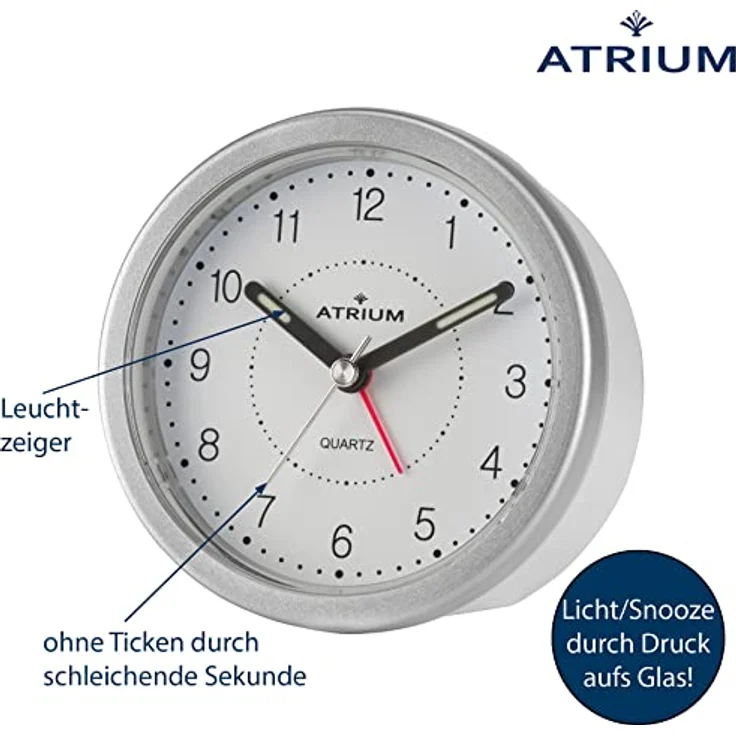 Atrium A260-19, Moderner Design Wecker Analog Quarz ohne Ticken mit Licht und Snooze-Funktion, Rund, Weiß/Silber, 9 cm Durchmesser – Bild 4