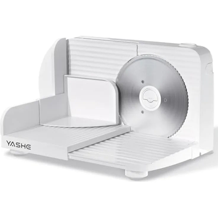 YASHE Faltbarer Elektrischer Allesschneider, 180W Brotschneidemaschine mit 17 cm Edelstahlklinge, einstellbare Dicke 0–15 mm, kompakt und weiß, ideal für Fleisch, Käse, Brot und Gemüse