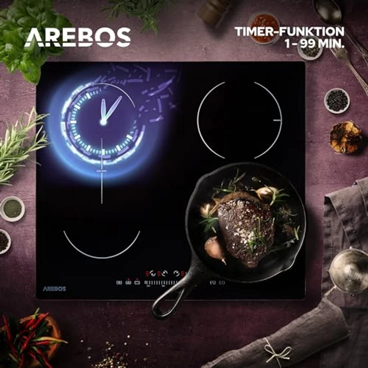 Arebos Induktionskochfeld | 7200 W | 4 Kochfelder mit 2 Flexzonen | 59 cm | Autark | mit Sensor Touch, Timer, Kindersicherung, Überhitzungsschutz, Autoabschaltung – Bild 5