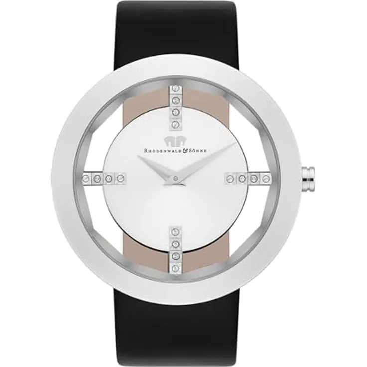 Rhodenwald & Söhne Lucrezia Damenuhr Edelstahl Silber 3 ATM mit Swarovski® Kristallen, Lederarmband Schwarz Fashionuhr Skeletonoptik