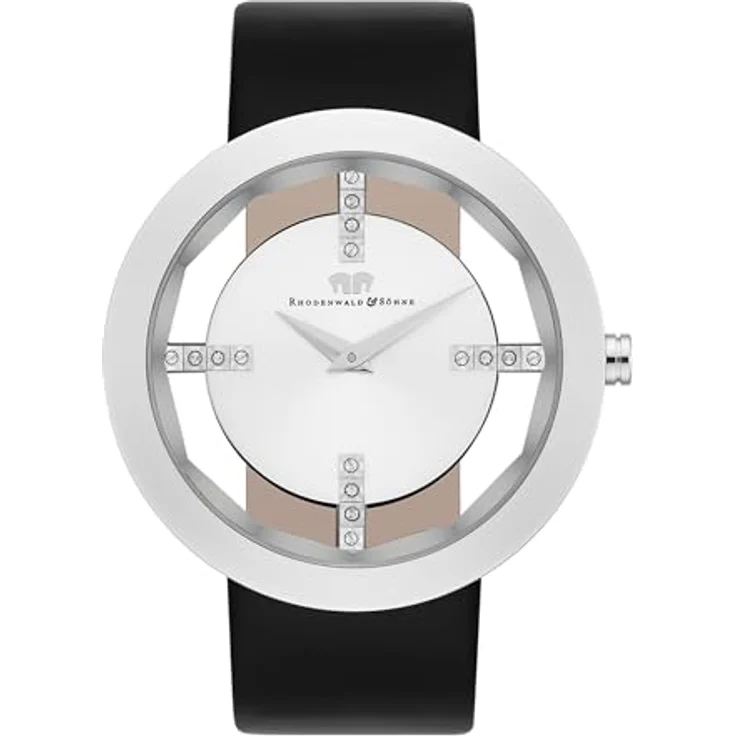 Rhodenwald & Söhne Lucrezia Damenuhr Edelstahl Silber 3 ATM mit Swarovski® Kristallen, Lederarmband Schwarz Fashionuhr Skeletonoptik – Bild 1