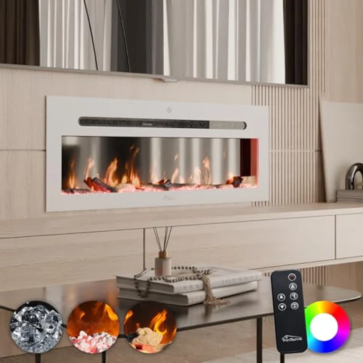 TroniTechnik® Wandkamin Panorama, Elektrokamin mit LED Flammeneffekt, 12 Farben, Timer, 900/1800W, inklusive Kristalle – Bild 3