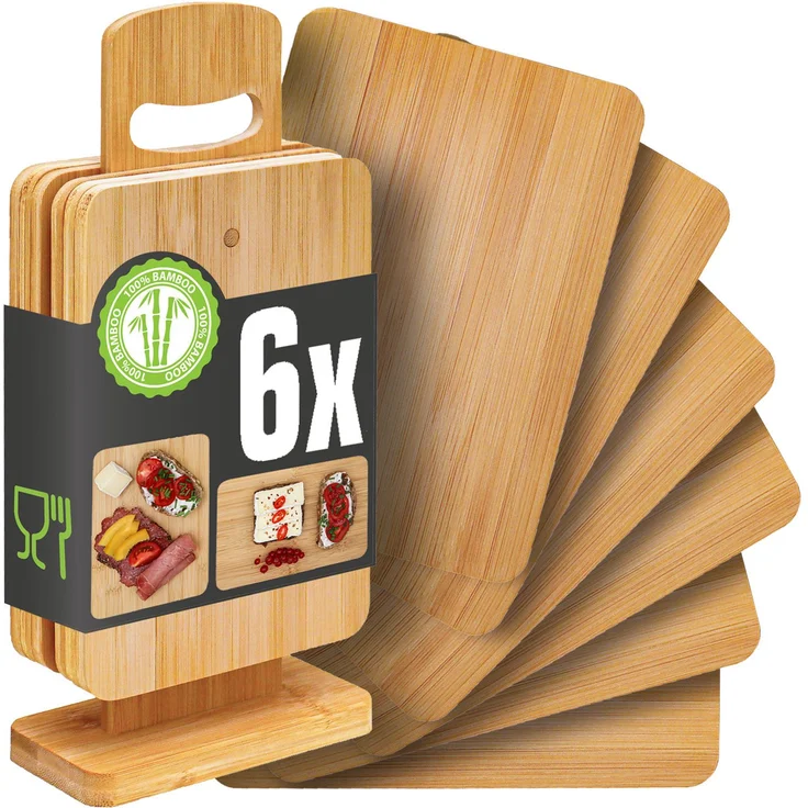 DuneDesign Schneidebrett 6er Set Frühstücksbrettchen + Ständer 22x15 cm, Holz, Antibakteriell, Bambusständer, (6-St), Holzbrettchen Brotbretter – Bild 1