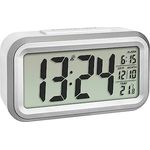 TFA Dostmann LUMIO PLUS Digitaler Funk-Wecker mit Temperatur, 60.2553.02, automatische Nachtbeleuchtung einstellbar, LCD-Display, Datum inkl Funkuhr, weiß/silber