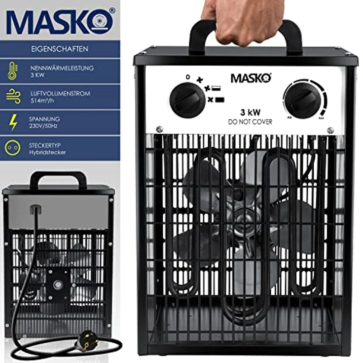 Masko® Elektroheizer Heizlüfter Bauheizer 3 KW mit integriertem Thermostat elektrisch Heizgerät 3000 Watt 3 Heizstufen Heizgebläse für Innen- und Außeneinsatz Überlastschutz Elektroheizgebläse Weiß – Bild 2