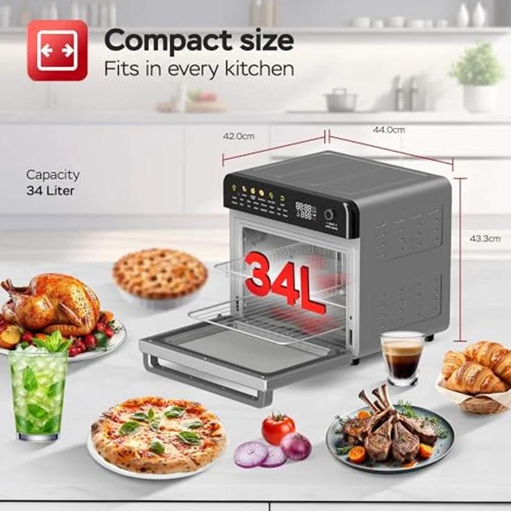 TurboTronic Multi-Smart-Ofen 19in1, Heißluftofen & Heißluftfritteuse 2100W, 34L mit Dörrfunktion, Edelstahl, 40-230°C Grill Airfryer Dörrautomat – Bild 2