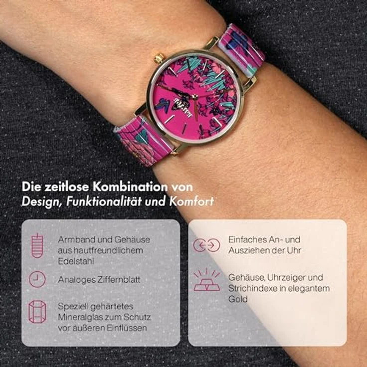 Raptor Damenarmbanduhr FRIDA KAHLO Edition mit Zugband, Quarzuhrwerk, flexibles Edelstahlarmband, gehärtetes Mineralglas, 36 mm, bunt – Bild 3