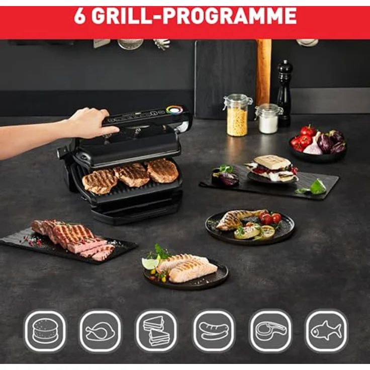 Tefal GC7058 OptiGrill Kontaktgrill, antihaftbeschichtet, 2000 Watt, 6 automatische Programmefläche 30 x 20 cm, Warmhaltefunktion, schwarz – Bild 5