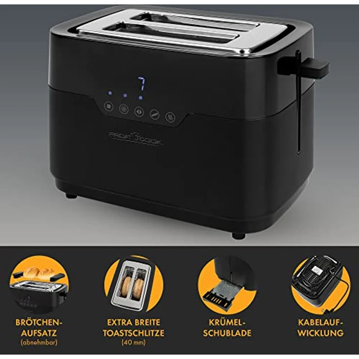 ProfiCook Toaster 2 Scheiben mit Brötchen Aufsatz und extra breitem Toast-Schlitz, Auftaufunktion, 7 einstellbare Bräunungsstufen Edelstahl gleichmäßige Toaster schwarz matt, PC-TA 1244 – Bild 4