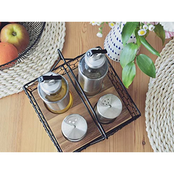 Sendez 5-tlg. Menage Set mit Korb Salz & Pfefferstreuer Ölspender Essigspender Edelstahl Glas – Bild 7
