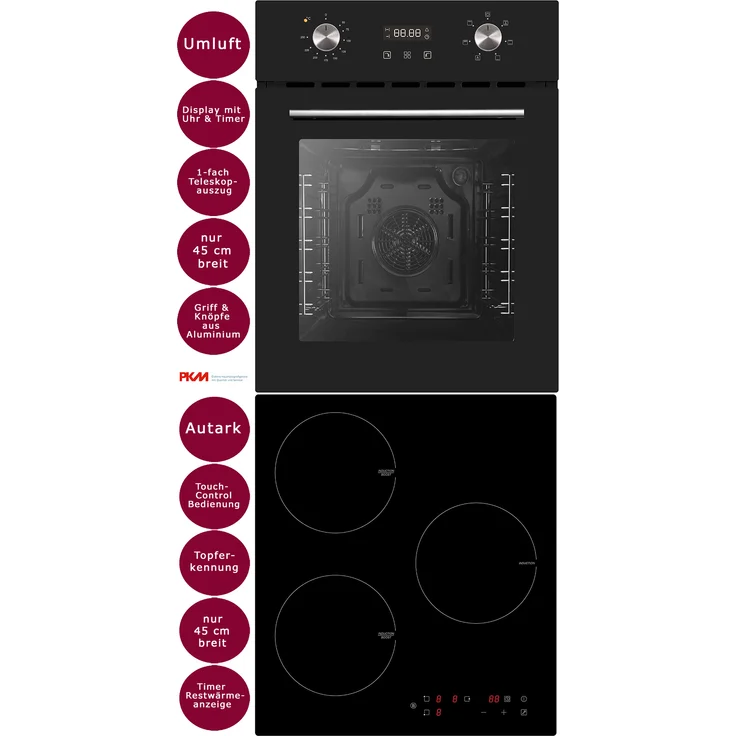 PKM Herd Set Backofen nur 45 cm breit Induktionskochfeld Umluft Timer, rahmenlos, schwarz