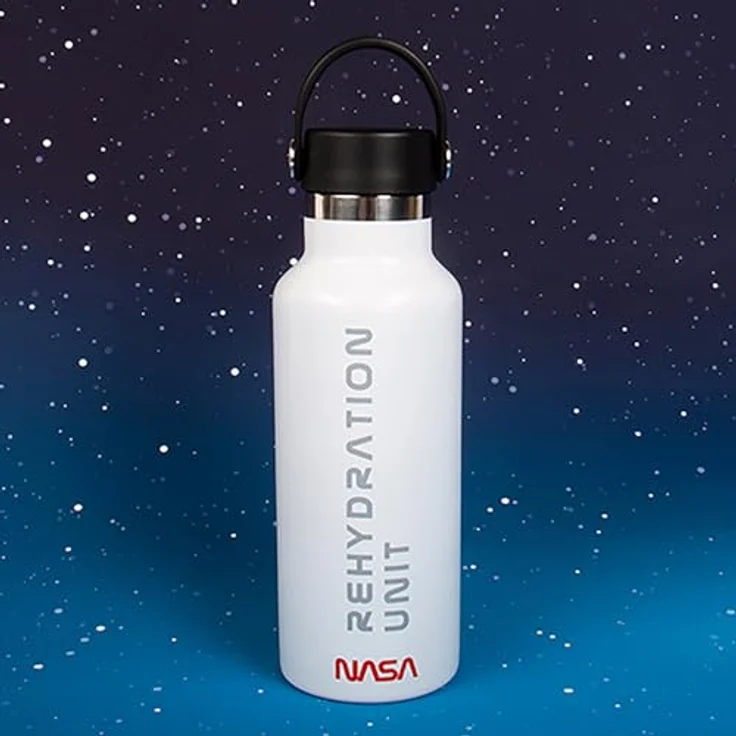 Fizz Creations NASA Wasserflasche, 500 ml Fassungsvermögen, Metall, doppelwandige Heiß- oder Kaltgetränkeflasche. Hält Temperatur für bis zu 8 Stunden. NASA SPACE inspirierte Rehydrationseinheit, silber – Bild 3