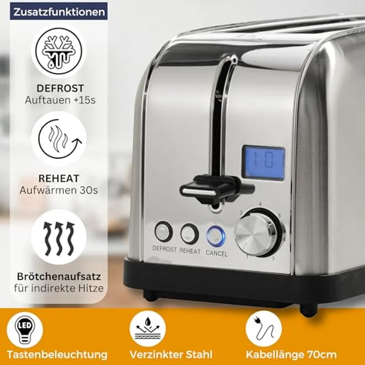 Sommertal Toaster ST1500 XXL, Langschlitztoaster mit Brötchenaufsatz, Display und Timer, Retro Design Edelstahl 1500W – Bild 2