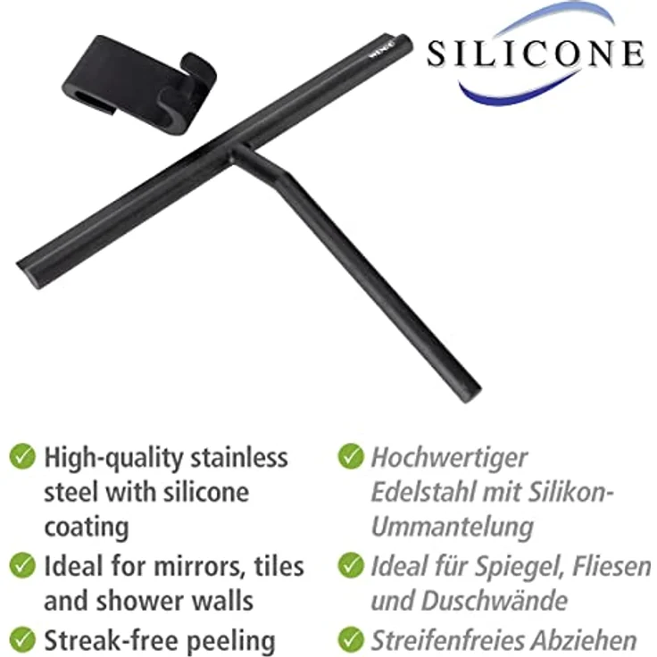 WENKO Badezimmerwischer Mola XXL, Abzieher mit extra breiter Wischfläche für Duschkabinen, Spiegel und Fliesen, aus Edelstahl mit Silikon ummantelt, inkl. Hängevorrichtung für Duschwände, Schwarz – Bild 2