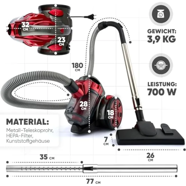 Clatronic BS 1308 Eco-Cyclon Twin-Spin Bodenstaubsauger, beutellose Filtertechnik, Hoch-Effizienz-Partikel-Luftfilter, Metall-Teleskoprohr rot – Bild 3