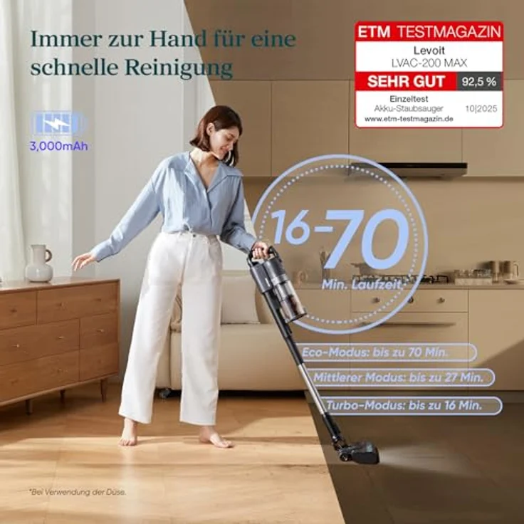 Levoit LVAC 200 Max Akku-Staubsauger mit HEPA-Filtersystem, motorisiertem Bodensaugkopf, Wandhalterung, für bis zu 100 m² – Bild 2