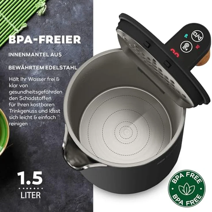 BALTER WK-08-BL Edelstahl-Wasserkocher, 2200W, 1,5L, doppelwandig, kabellos, Warmhaltefunktion, schwarz – Bild 6