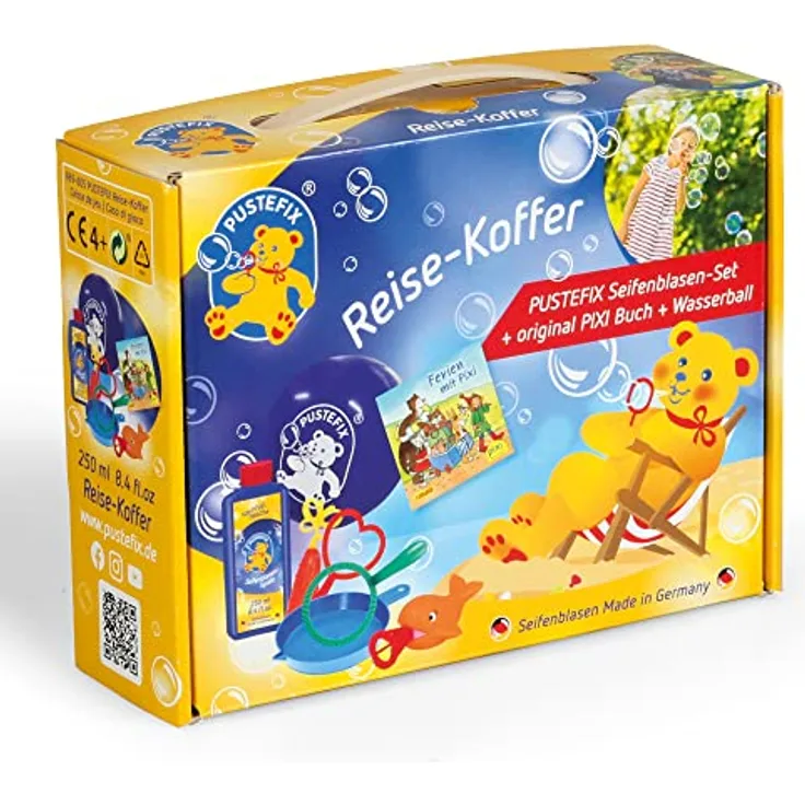 Pustefix Reisekoffer Set I Seifenblasen-Set + original Pixi Buch + Wasserball I Bunte Rainbow Bubbles Made in Germany I Seifenblasen für Kinder & Erwachsene I 250 ml