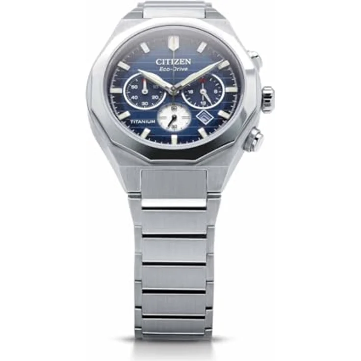Citizen CA4691-59L Zenshin Senkei Eco-Drive Solar Super Titanium Chronograph, silberfarbenes Gehäuse, blaues Zifferblatt, Gliederband, 10 ATM Wasserdichtigkeit – Bild 5