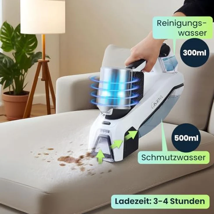Casativo Kabelloser Profi Waschsauger 60W, Li-Ion-Akku für Polster, Textilien und Autositze, leistungsstarker Fleckenentferner mit zwei Bürsten-System – Bild 5
