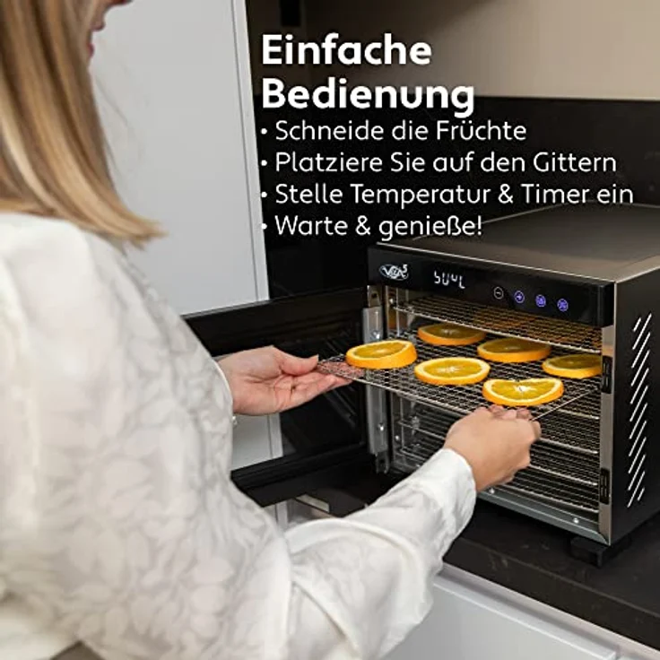 Dörrautomat Edelstahl - Dörrgerät mit Temperaturregler (35-75°C) zum Trocknen von Obst, Pilzen und Fleisch - Dürrautomaten 650W mit 24H Timer-Funktion - Dehydrator Food Vita5 (6 Etagen) – Bild 3