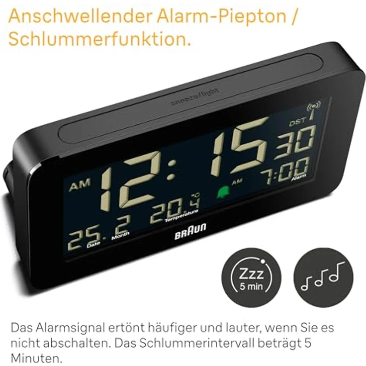 Braun BC10B-DCF Funk-Digitalwecker, DCF-Zeitgesteuert mit Datums-, Monats- und Temperaturanzeige, negatives LCD-Display, schwarz – Bild 5