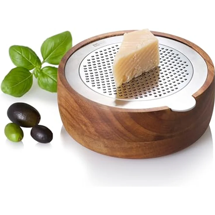 AdHoc GG30 Feinreibe CutnServe, Edelstahl und Akazienholz, mit Auffangbehälter für Hartkäse und Gewürze, 12,5 cm Durchmesser – Bild 1