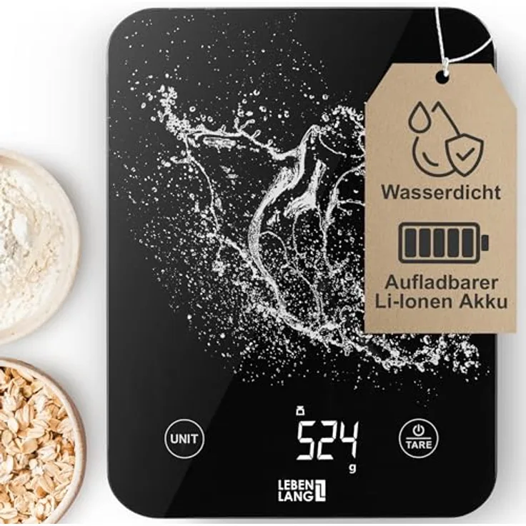 LEBENLANG Digitale Küchenwaage, Wasserdicht, USB Aufladbar, Bis 10 Kg, LCD Display, Präzise Messung, Schwarz