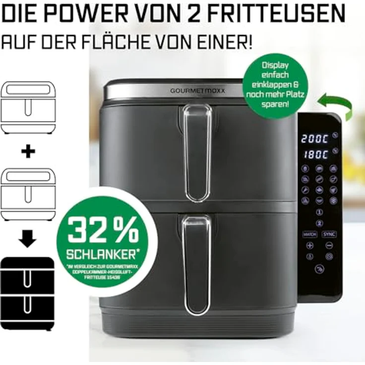 GOURMETmaxx FryUp Vertikale Doppelkammer Heißluftfritteuse, 10L Fassungsvermögen, 2800 W, klappbares Touchdisplay, 12 Programme, platzsparendes Design – Bild 2