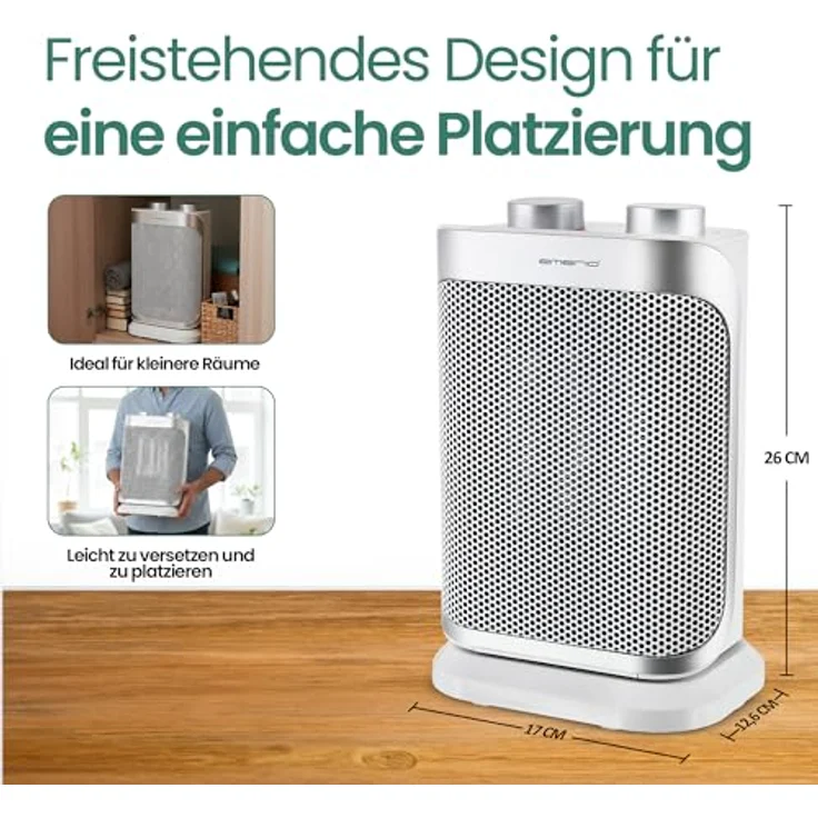 EMERIO FH-110691.4 Heizlüfter, 1500W, für Räume bis 15 m², mit PTC-Keramik-Heizelement, oszillierend, 2 Heizstufen, Einstellbarer Thermostat, Ventilatorfunktion, Kippschutz, silber – Bild 5