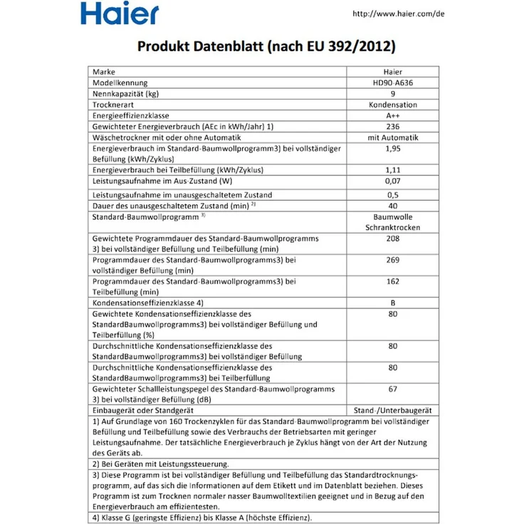 Haier HD90A636, Wärmepumpentrockner, A++, Fassungsvermögen 9 kg, Standgerät, Breite 59,5 cm, Kindersicherung, Wärmepumpe – Bild 9