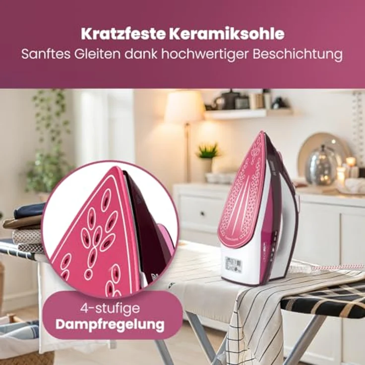 Clatronic DB 3705 Dampfbügeleisen mit 7 Funktionen, Keramiksohle, stufenlose Temperaturregulierung, zuschaltbare Selbstreinigungsfunktion, weiß-rot – Bild 2