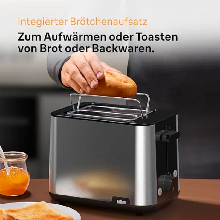 Braun HT1510BK-Schlitz-Toaster, 900 Watt, inkl. Brötchenaufsatz, automatisches Brötchenzentriersystem, schwarz, silber – Bild 5