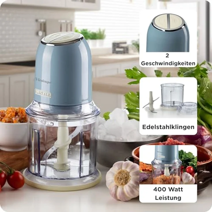 Ariete Zerkleinerer 438, 400 W, Retro-Design, Einhandbedienung, 2 Geschwindigkeitsstufen, 600 ml, vintage-weiß – Bild 5